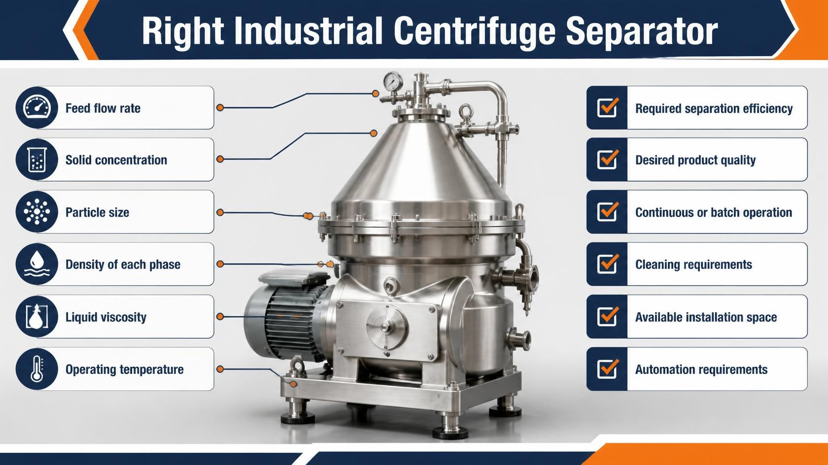 Industrial centrifuge separator selection guide showing key factors such as flow rate, particle size, viscosity, temperature, separation efficiency, cleaning, installation space, and automation requirements