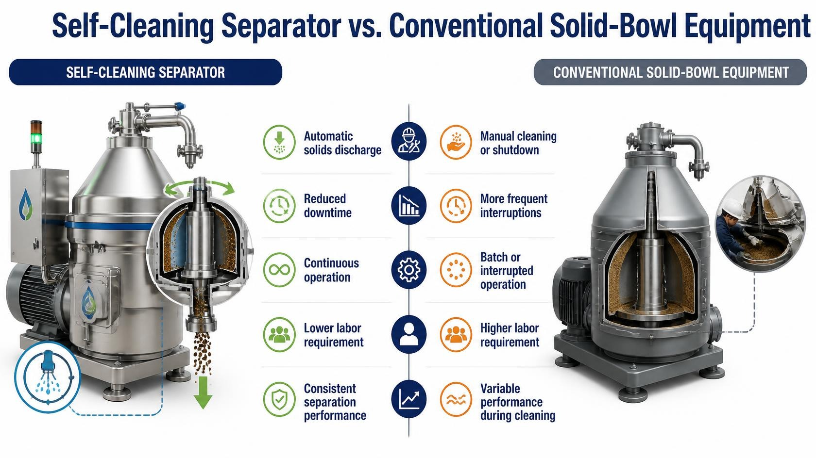 Comparison of a self-cleaning separator and conventional solid-bowl equipment for industrial solid-liquid separation