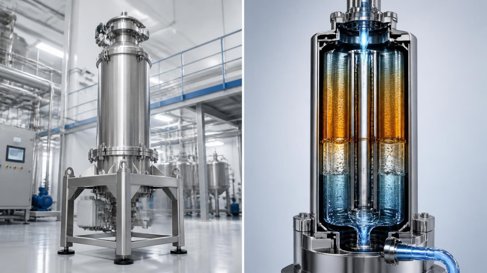 Side-by-side tubular bowl centrifuge exterior and technical cutaway showing liquid separation